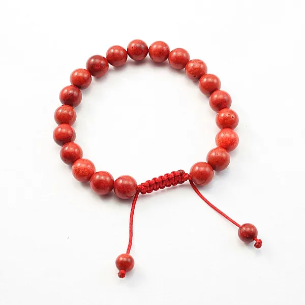 Coral bead bracelet round 8mm - Adjustable macramé x 1pc