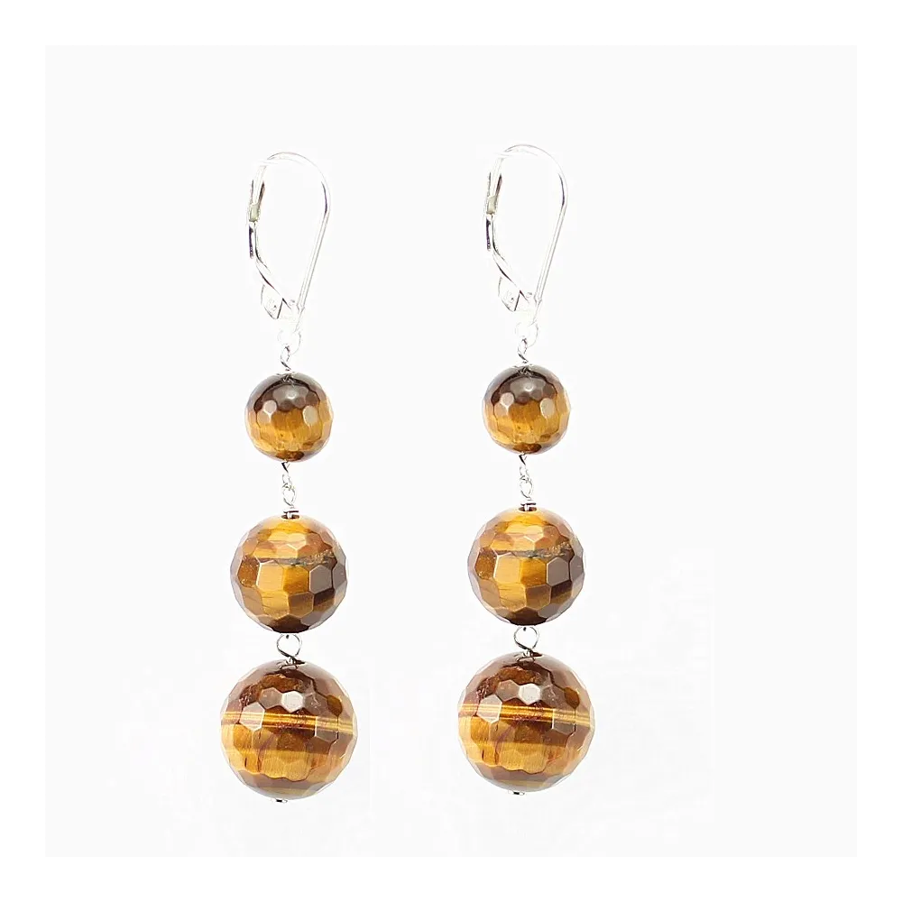 Boucle d'oreille argent 925  oeil de tigre 3boules  x 2pcs  