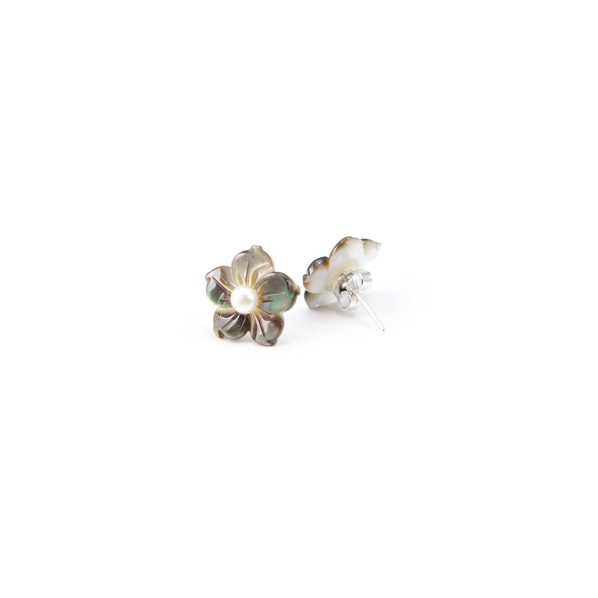 Boucles D'oreilles Fleur Nacrée Grise Et Perle Blanche - Dormeuses, Neuves Sans Emballage