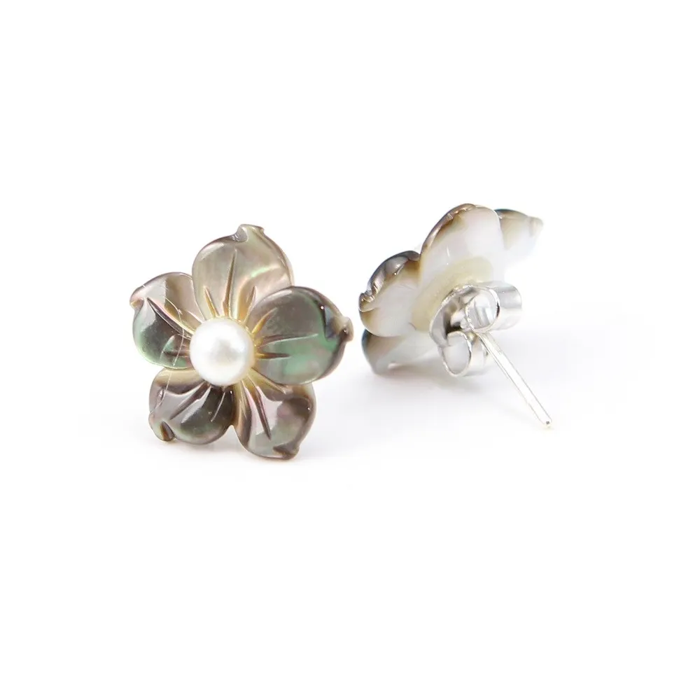 Boucles d'oreilles : nacre grise en fleur & argent 925 15mm x 2pcs 