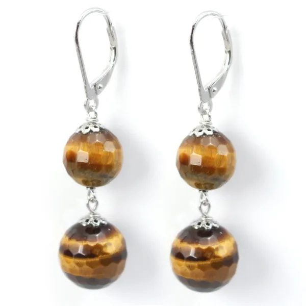 Boucle d'oreille argent 925  oeil de tigre 2 boules  x 2pcs  