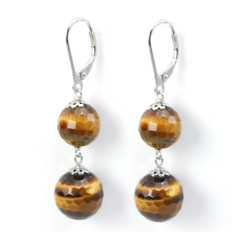 Boucle d'oreille argent 925  oeil de tigre 2 boules  x 2pcs  