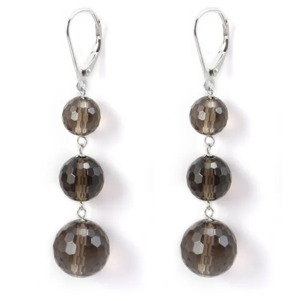 Boucle d'oreille argent 925  quartz fume 3 boules x 2pcs  