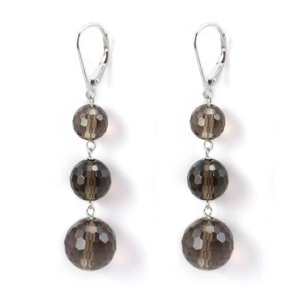 Boucle d'oreille argent 925  quartz fume 3 boules x 2pcs  