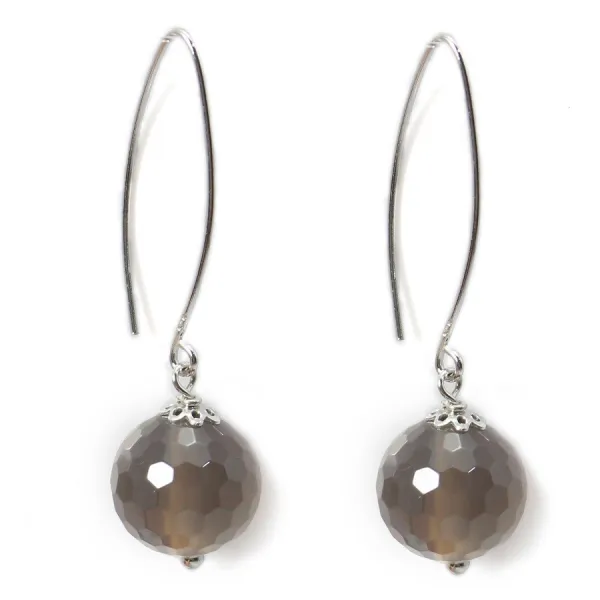 Boucle d'oreille argent 925 agate grise ronde facette 12mm x 2 st 
