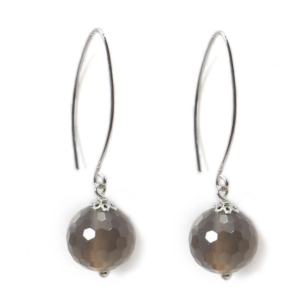 Boucle d'oreille argent 925 agate grise ronde facette 12mm x 2 st 