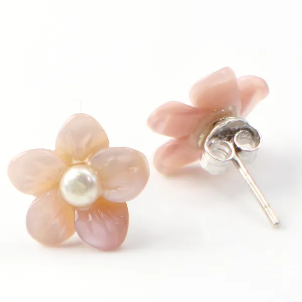 Earrings : pink shell  flower  & silver 925 12mm x 2pcs 