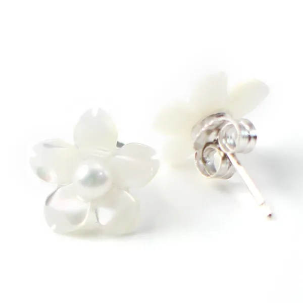Earring silver 925 white shell  flower  12mm x 2pcs 