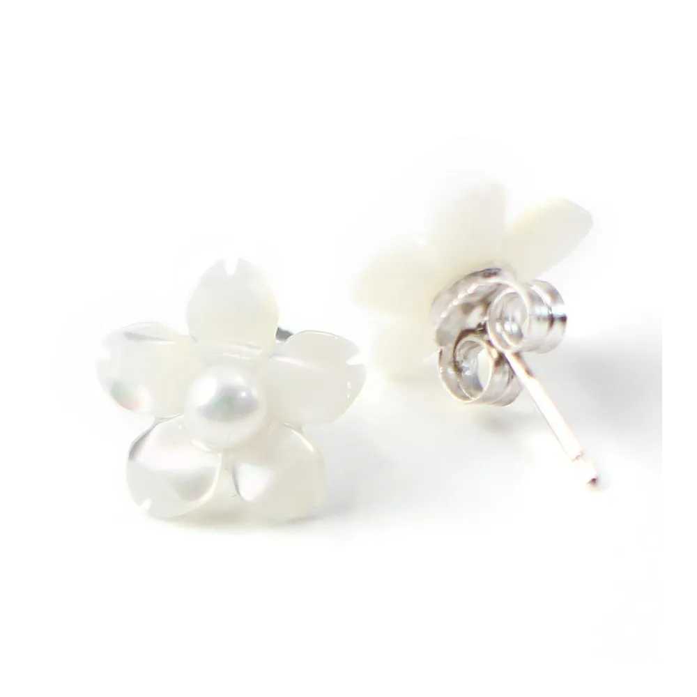 Earring silver 925 white shell  flower  12mm x 2pcs 