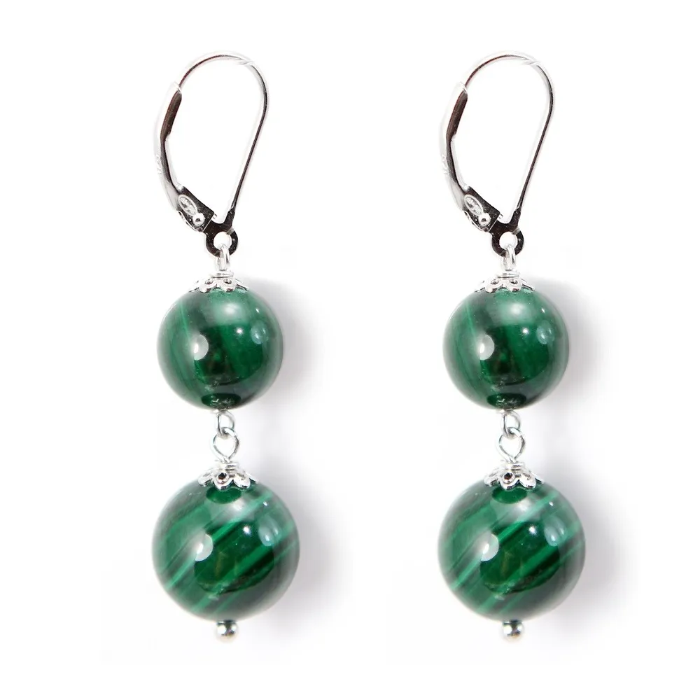 Boucle d'oreille argent 925 2 Boule Malachite x 2 st