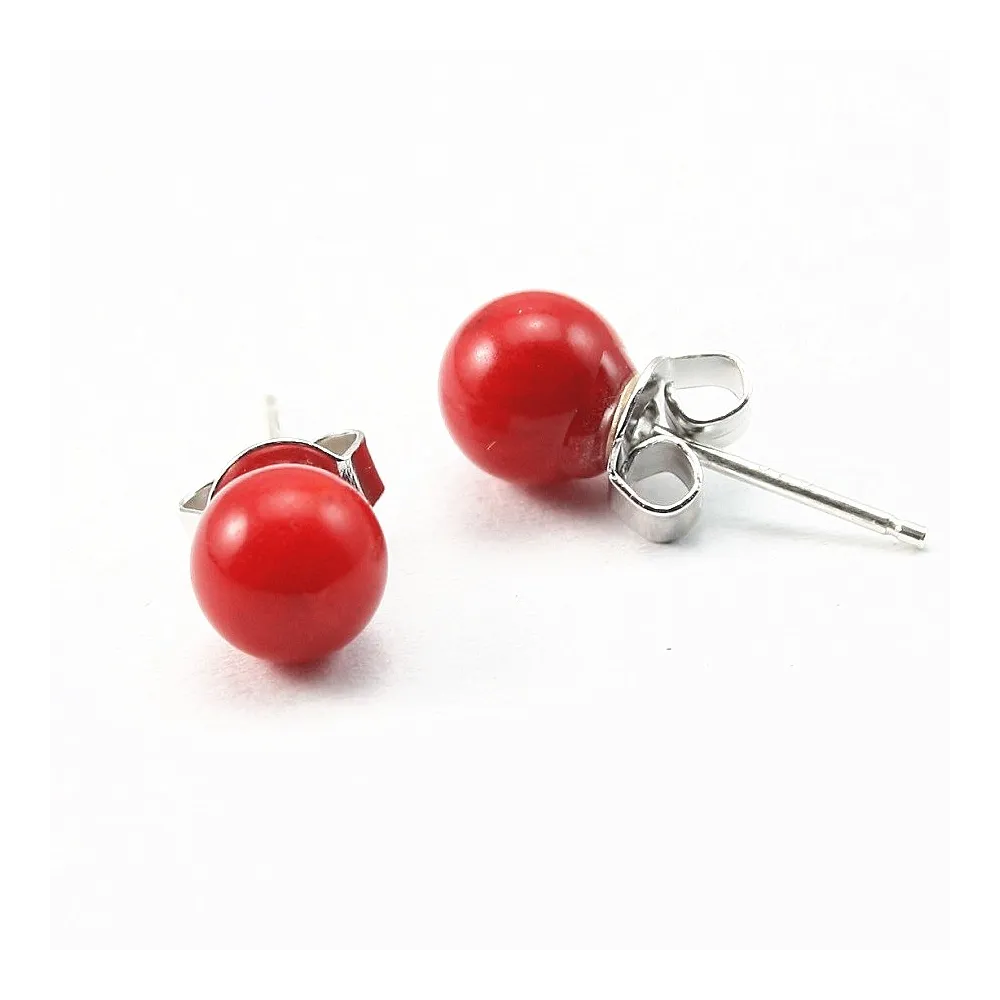 Boucles d'oreilles :  bambou de mer teinté rouge & argent 925 6mm x 2pcs 