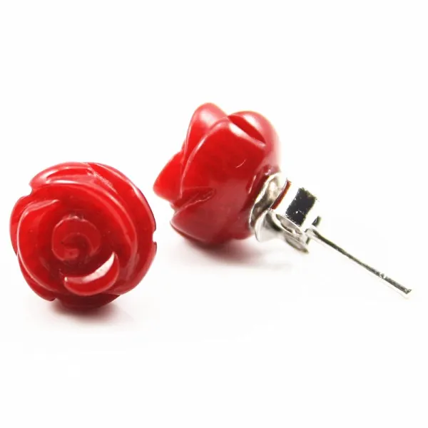 Boucles d'oreilles argent 925  Fleur En Bamboo Mer Teinte Rouge 9mm x 2pcs 