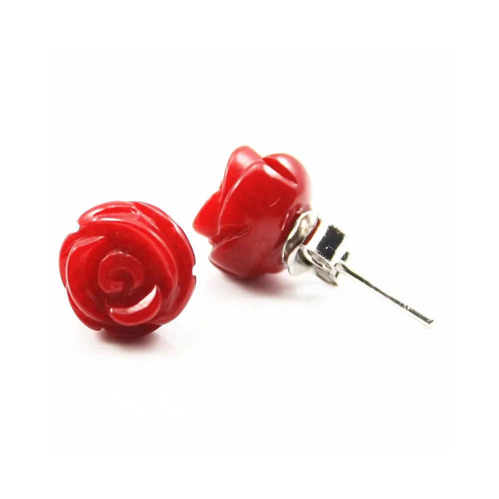 Boucles d'oreilles argent 925  Fleur En Bamboo Mer Teinte Rouge 9mm x 2pcs 