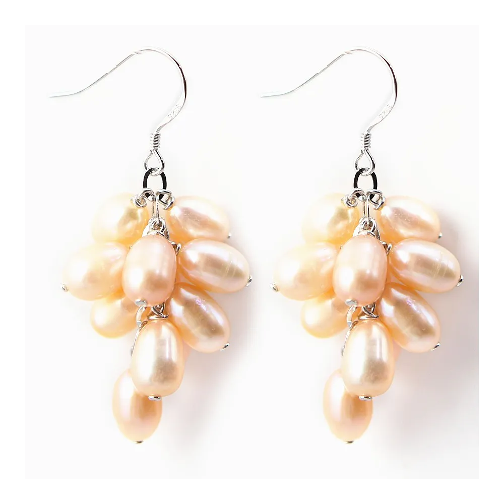 Boucles d'oreuille argent 925 perle d'eau douce saumon 6mm grappe de raisin  x 2pcs