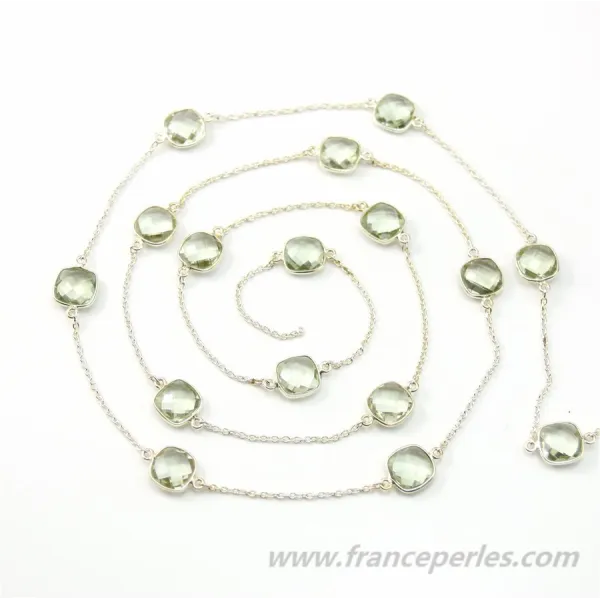 Chaîne Argent  avec Prasiolite Sertie Carré  11mm x 50cm