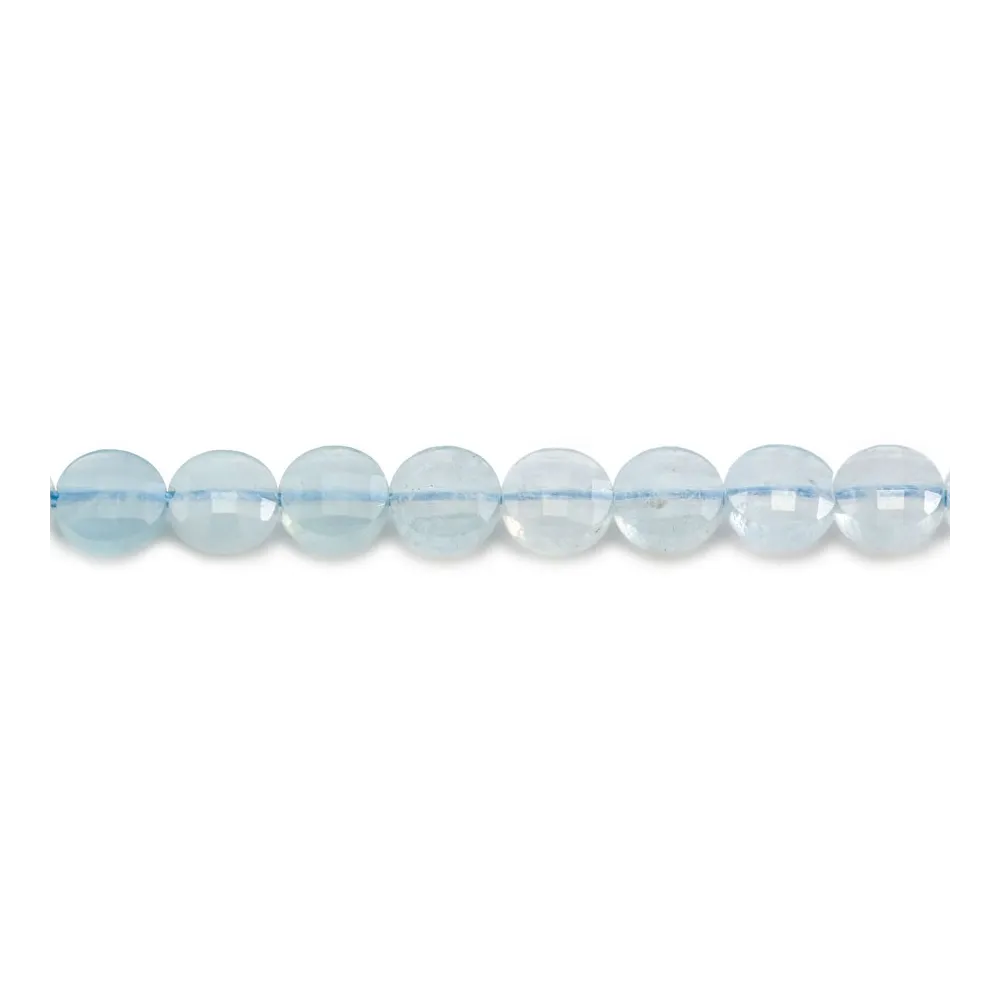 Aigue marine de couleur bleu, de forme ronde plate facetté 6mm x 39cm