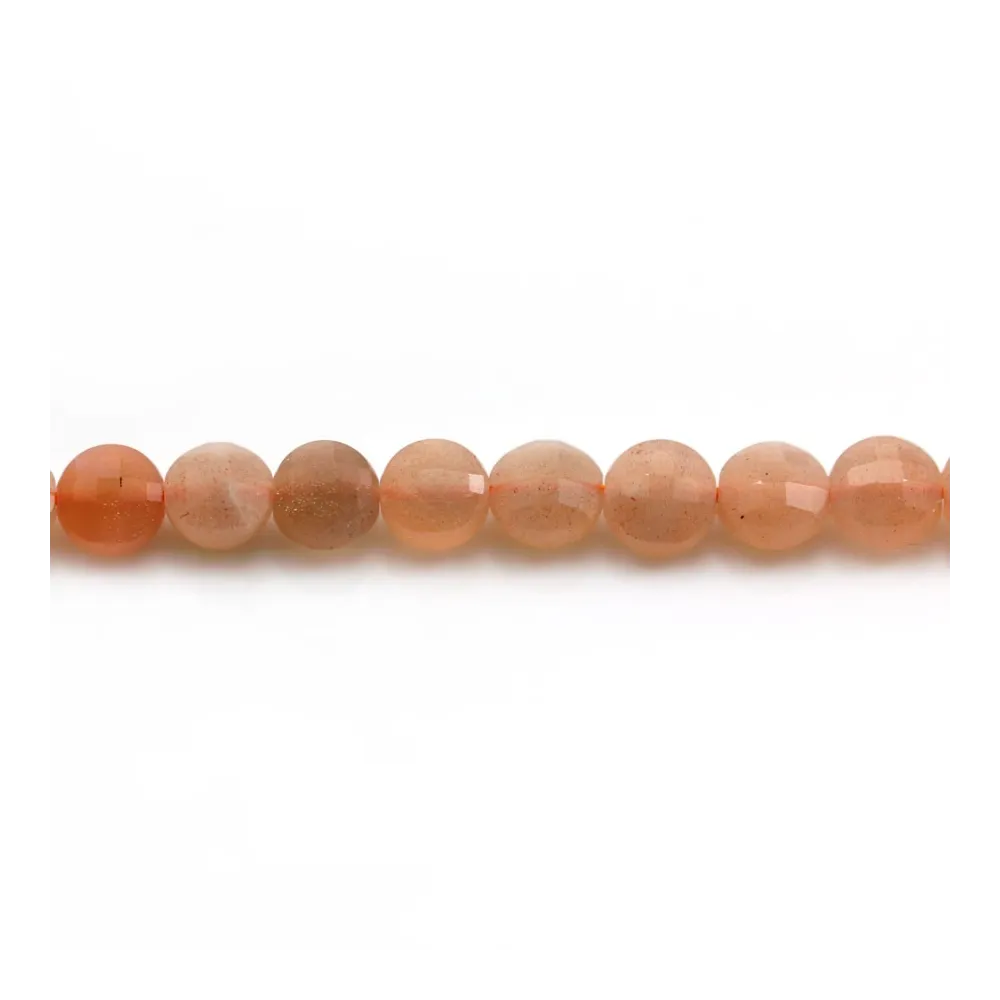 Pedra da lua laranja, de forma redonda achatada facetada, 6.5mm x 39cm