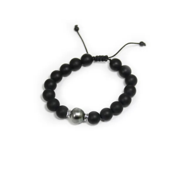 Bracelet d'agate noire matte & perle de culture de Tahiti x 1pc