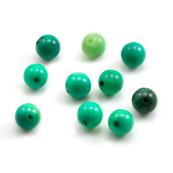 Round green grass agate 8mm, half-drilled x 4pcs