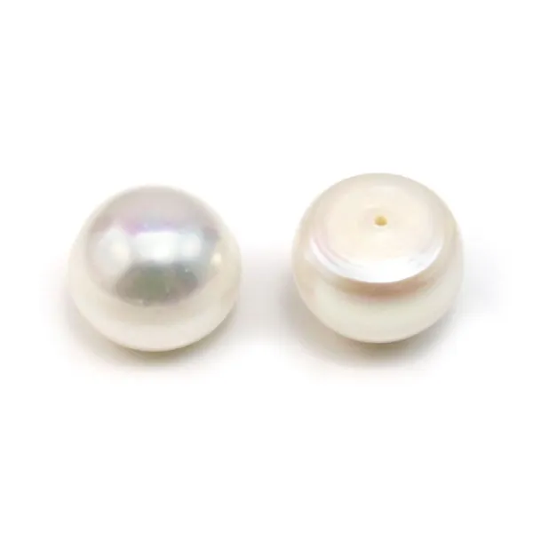 Perle de culture d'eau douce, semi-percée, blanche, bouton 12-13mm x 2pcs