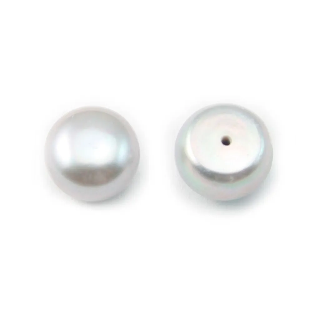 Perle de culture d'eau douce, semi-percée, argenté, bouton, 12-13mm x 1pc