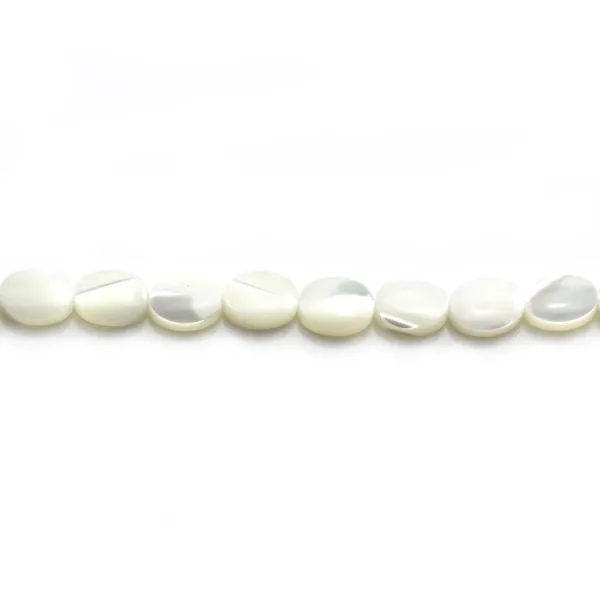 White mother-of-pearl flattened round beads on thread 3x8mm x 40cm