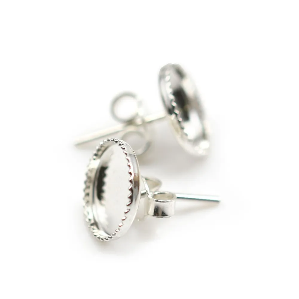 Clous d'oreilles plateau rond pour cabochon 8mm en argent 925  x 2pcs
