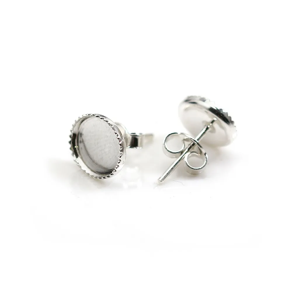 Clous d'oreilles plateau rond pour cabochon 8x10mm en argent 925  x 2pcs