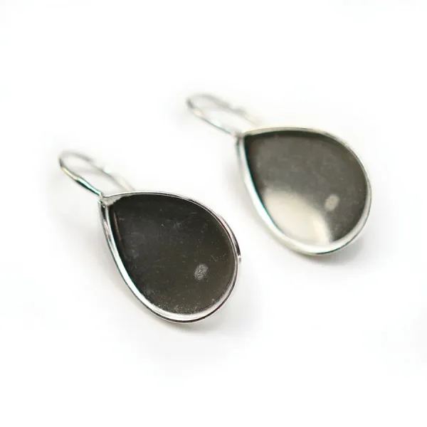 Crochets d'oreilles portes cabochon fond plat goutte , argent 925 ,13x18mm x  2pcs 