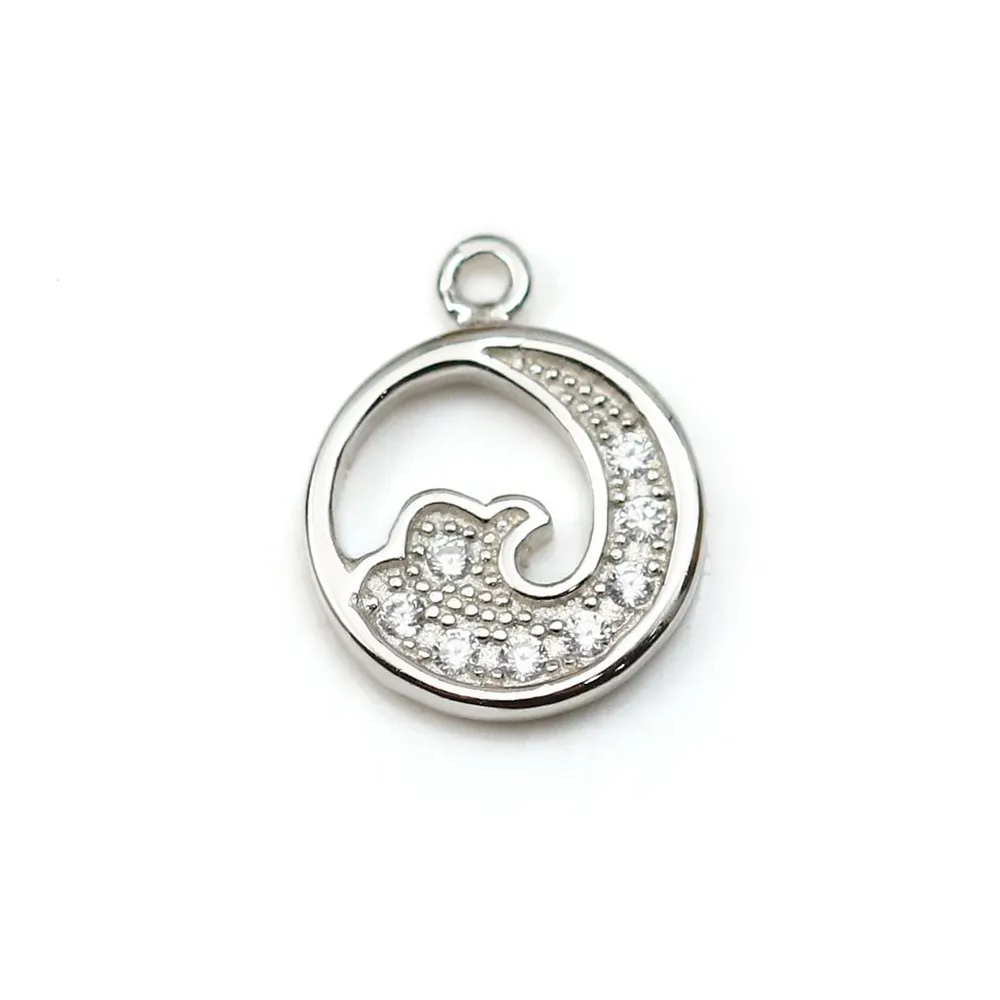 Breloque en argent 925 & zirconium, en forme de vague, mesurant 7mm x 1pc