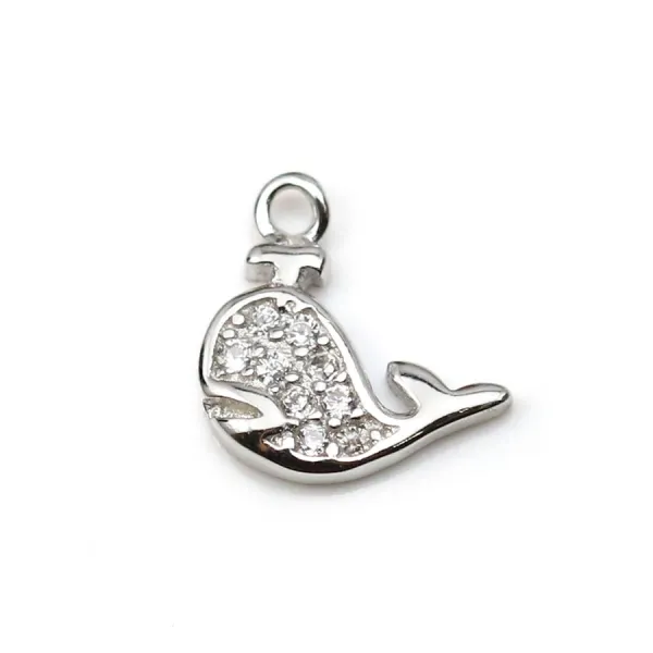 Breloque en argent 925 & zirconium, en forme de dauphin, mesurant 7x9mm x 1pc