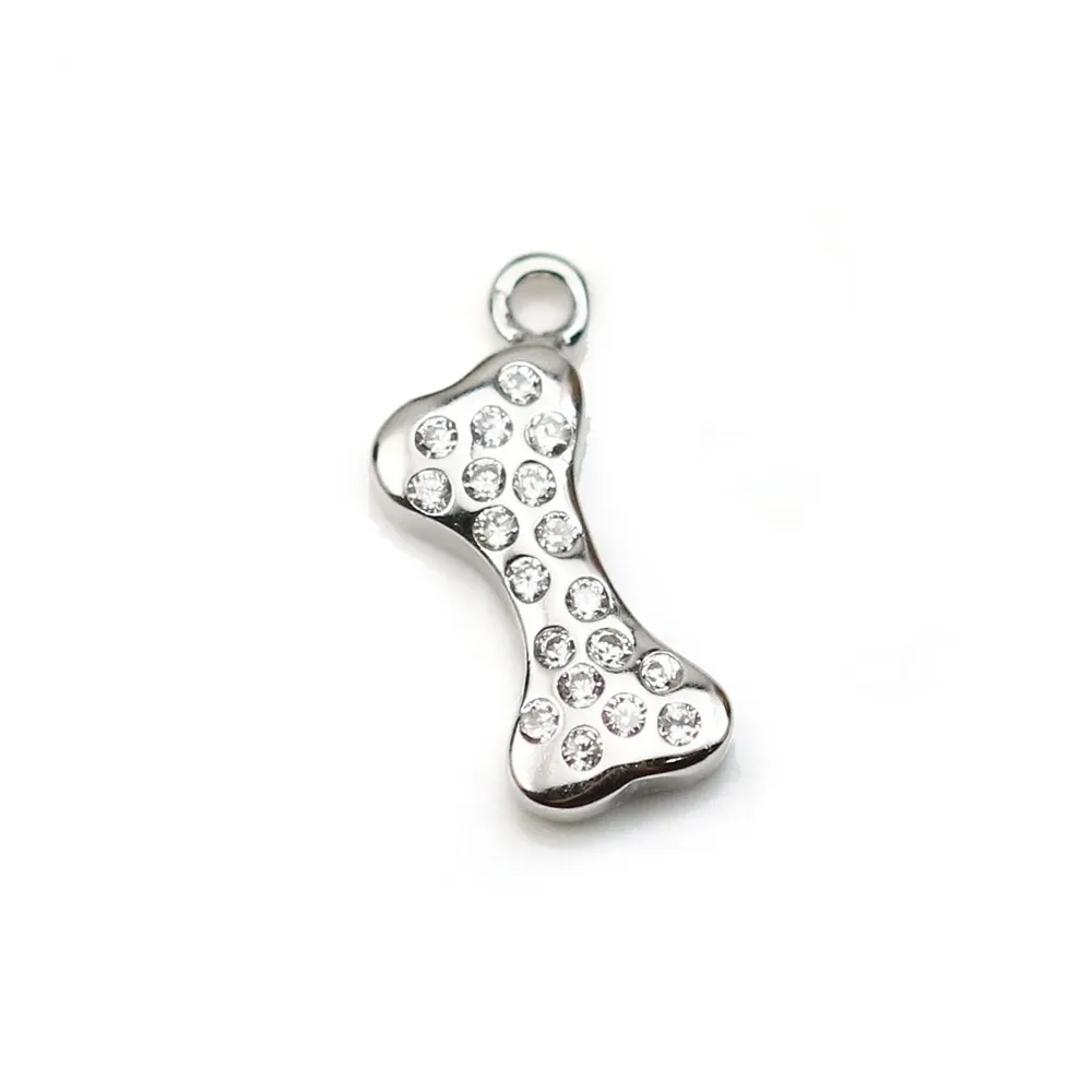 Breloque en argent 925 & zirconium, en forme d'os, mesurant 5x12mm x 1pc