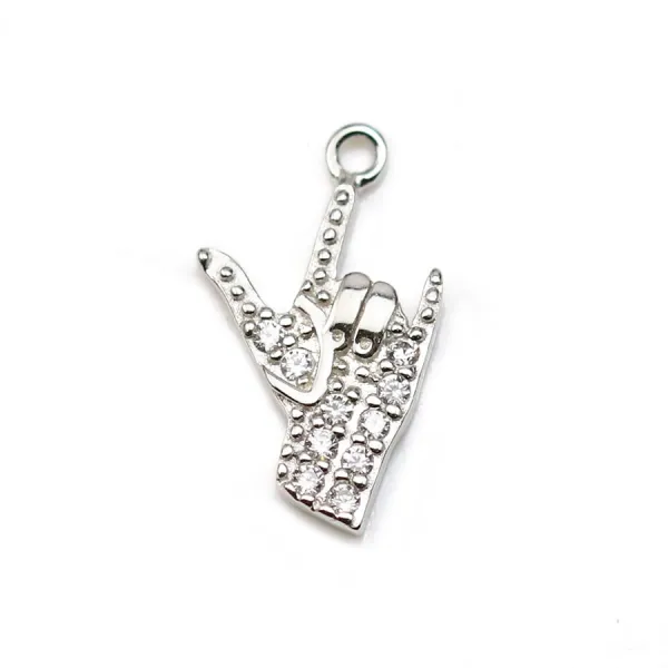 Breloque en argent 925 & zirconium, en forme de main, mesurant 8x14mm x 1pc
