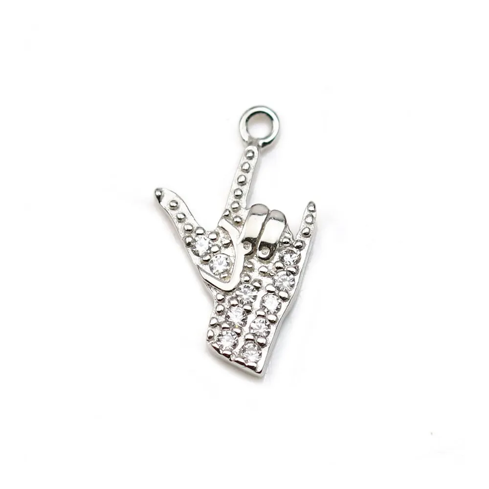 Breloque en argent 925 & zirconium, en forme de main, mesurant 8x14mm x 1pc