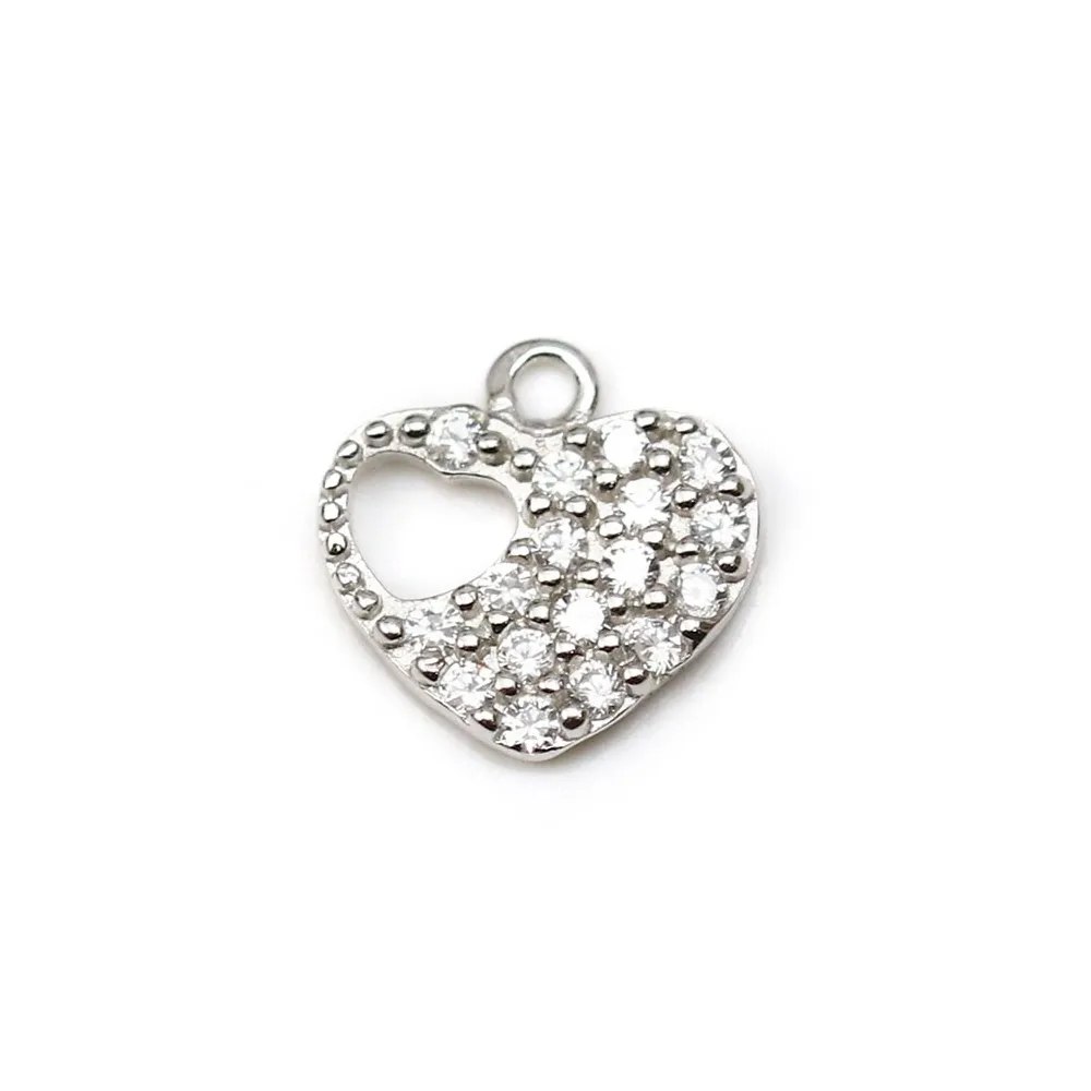 Breloque en argent 925 & zirconium, en forme de coeur, mesurant 8.9x9mm x 1pc