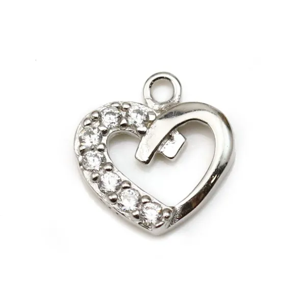 Pendentif, argent 925 rhodié & oxyde de zirconium, en forme de coeur, mesurant 8.5x9.5mm x 1pc