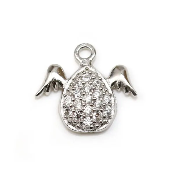 Pendentif en argent 925 rhodié & oxyde de zirconium, goutte ailée, 8x9mm x 1pc