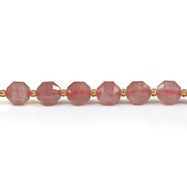 Quatz fraise,en forme d'octogonal facette sur fil 10mm x 40cm