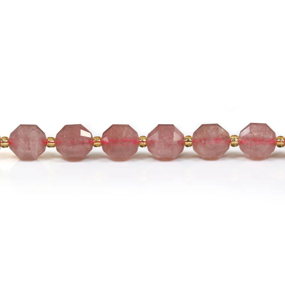 Quatz fraise,en forme d'octogonal facette sur fil 10mm x 40cm