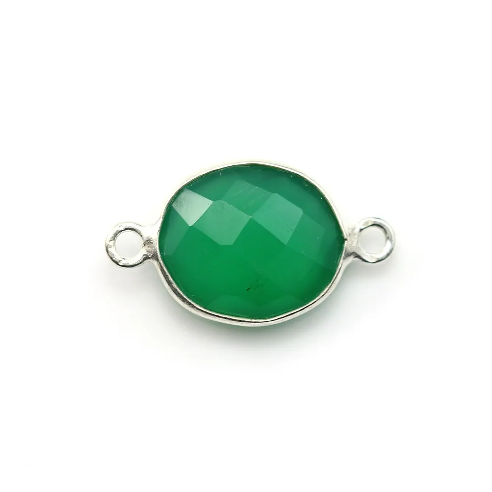 Agate verte ovale facettée 2 anneaux sertie sur argent 925 11x13mm x 1pc
