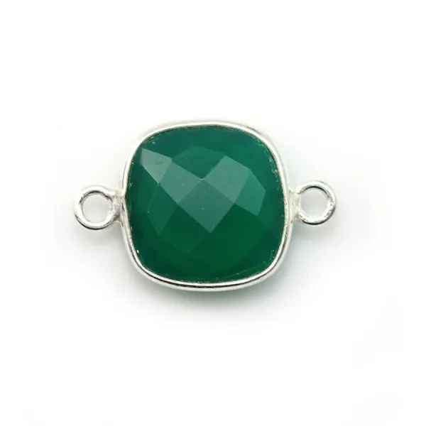 Agate verte en coussin facetté 2 anneaux sertie sur argent 925 11mm x 1pc
