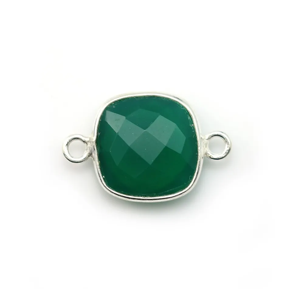 Agate verte en coussin facetté 2 anneaux sertie sur argent 925 11mm x 1pc