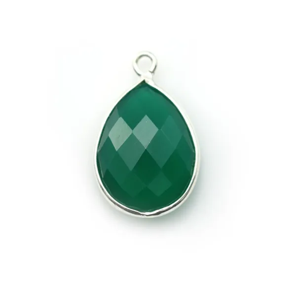 Gota de ágata verde facetada montada em prata 13x21mm x 1pc