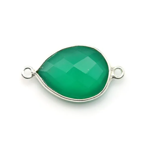 Gota de ágata verde facetada com 2 anéis engastada em prata 13x23mm x 1pc