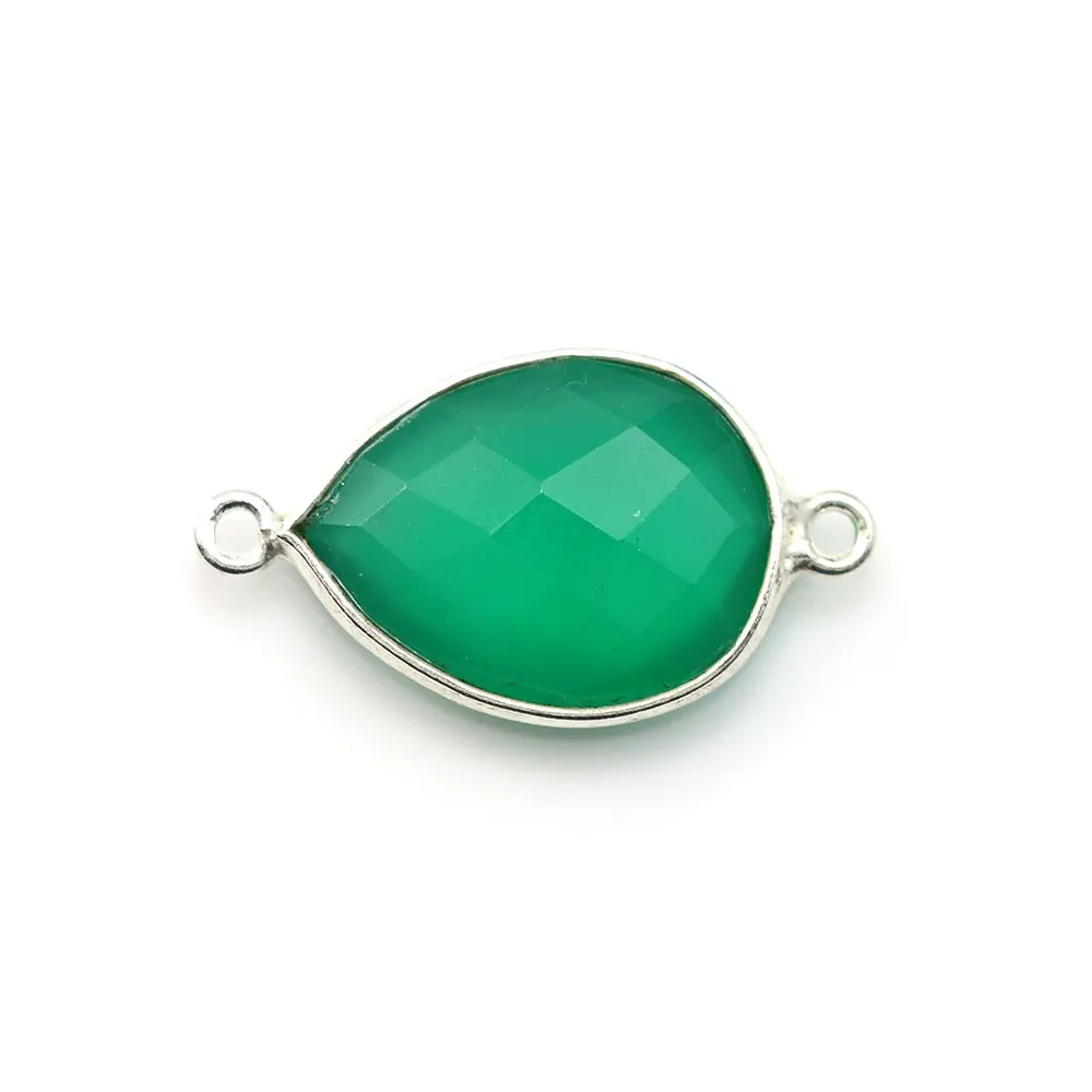 Agate verte goutte facettée à 2 anneaux sertie sur argent 925 13x17mm x 1pc