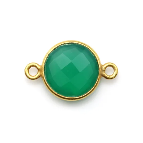 Faceted round green agate with 2 rings set in gold-plated silver 11mm x 1pc