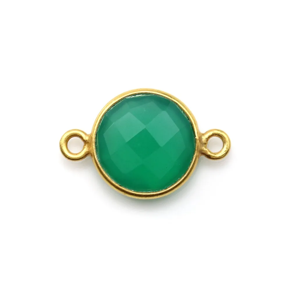 Agate verte ronde facettée 2 anneaux sertie sur argent doré 11mm x 1pc