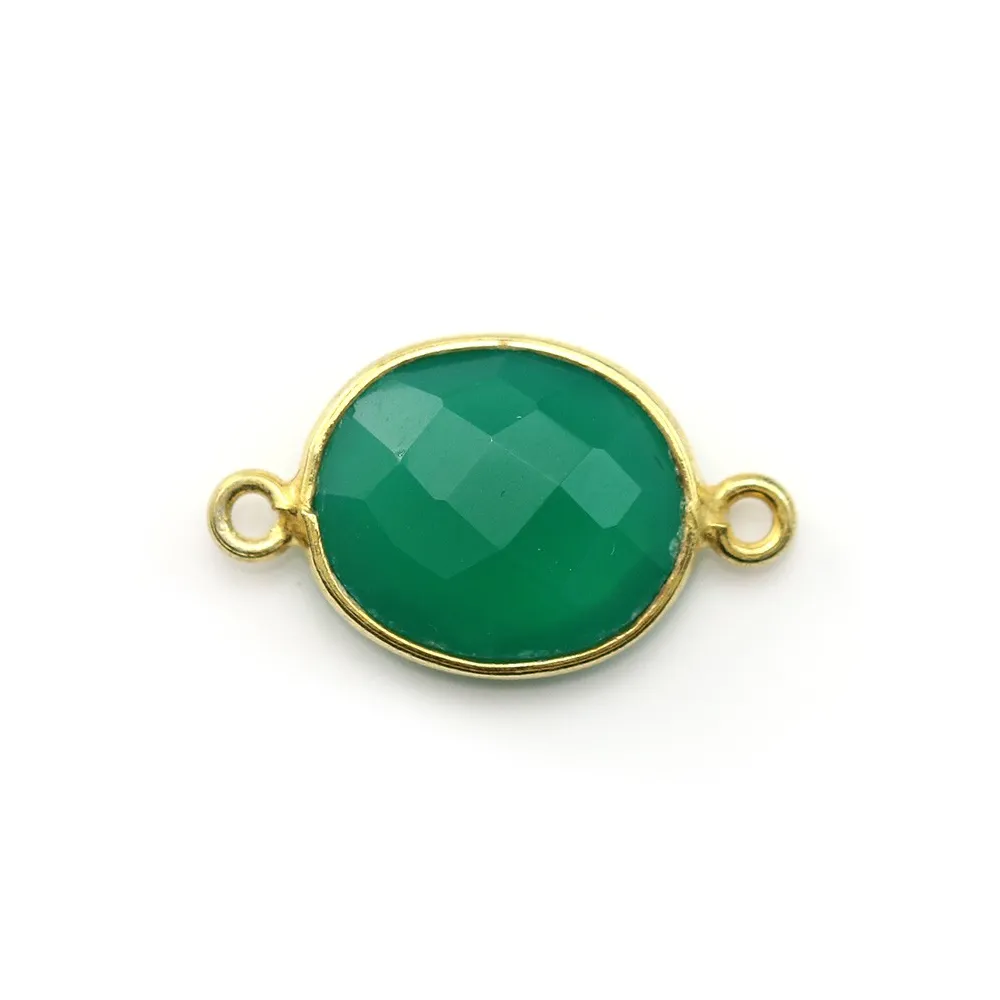 Agate verte ovale facettée sertie sur argent doré 2 anneaux 11x13mm x 1pc