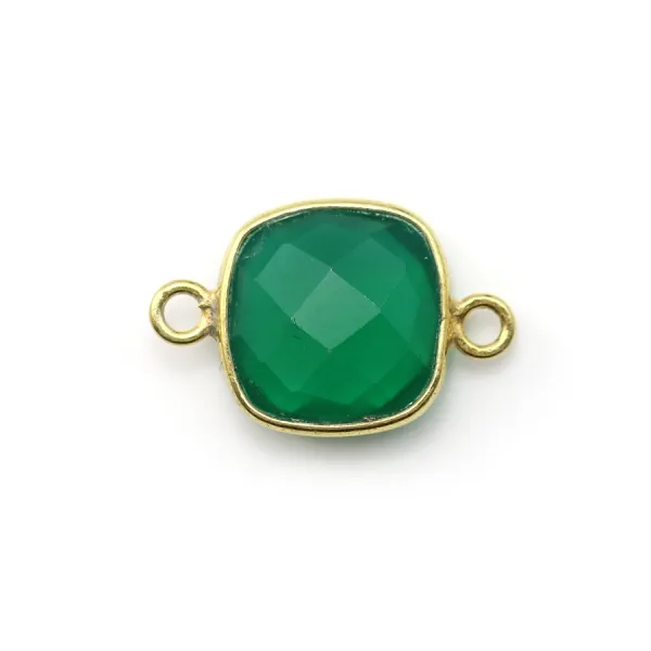 Agate verte coussin facetté 2 anneaux sertie sur argent doré 11mm x 1pc