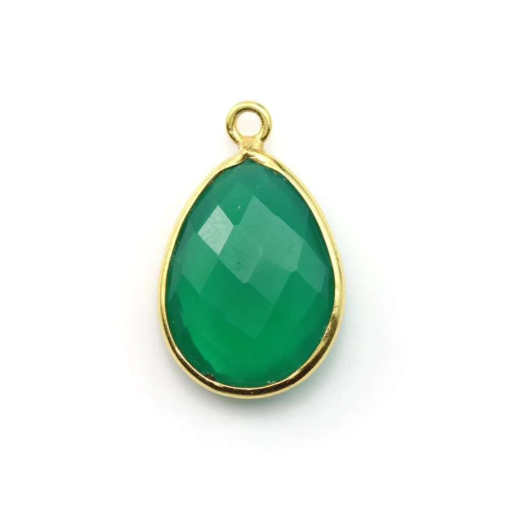Agate verte goutte facettée sertie sur argent doré 13x17mm x 1pc